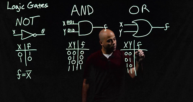 Lightboard example with faculty member displaying a logic game.