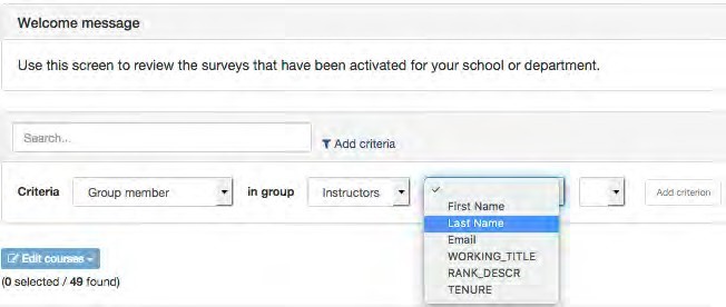Screenshot of filtering options in OMET teaching surveys. 