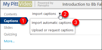 Captions tab selected (1), import captions drop down menu displayed (2), "Import automatic captions" (3).