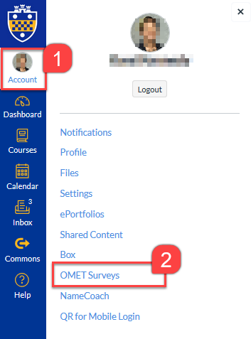 Screenshot of account tab in Canvas with Account and OMET Surveys highlighted in red rectangles and numbered 1-2.