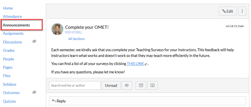 Screenshot of announcements in Canvas and a sample announcement to Complete your OMET