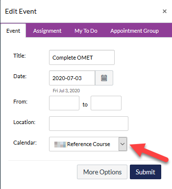 Screenshot of event creation in Canvas. Course Calendar highlighted by a red arrow.