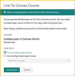 Screenshot of the Gradescope course link screen with the options selected.