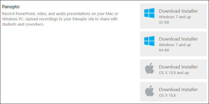 Popup window with Panopto download buttons for Windows and Mac