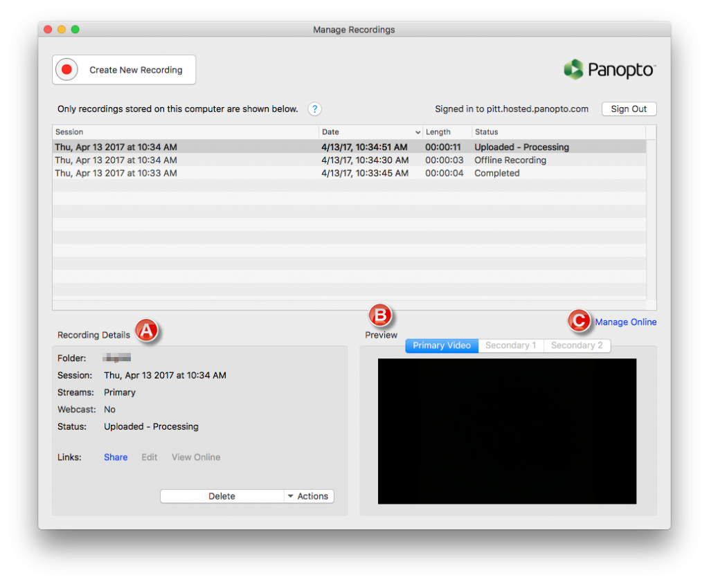Manage Recordings window with Details, Preview and Online links