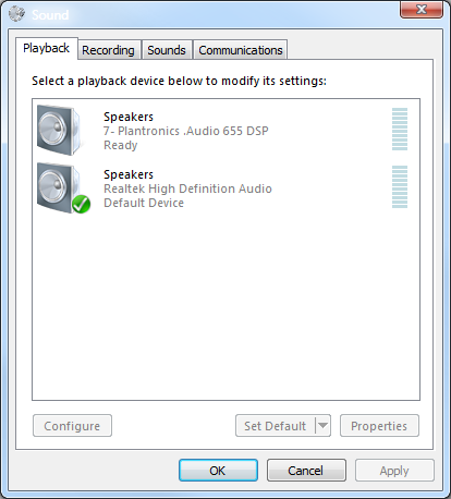 Audio Control Options: Playback tab with two Speakers output options. The second listed has a green check mark to indicate it is the selected output.
