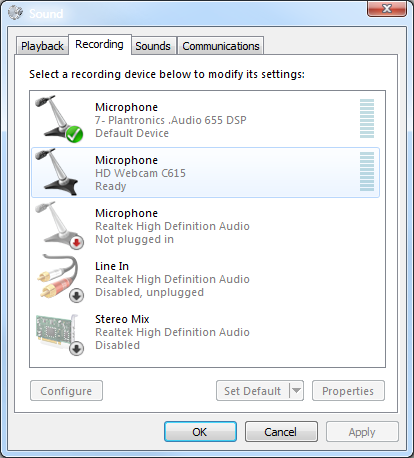 Audio Control Options: Recording tab menu open with 5 microphone input options listed. The first one has a green check mark next to it, indicated it is selected as the recording device.