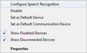 Audio device options menu displayed. Blue check marks are next to "Show Disabled Devices" and "Show Disconnected Devices" to indicate features are turned on.