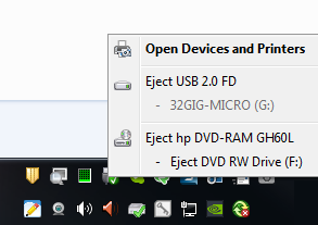 Devices options taskbar menu open with "Open Devices and Printers" in bold text.