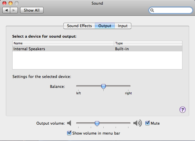 MacOS sound menu in the "Output" tab. "Internal Speakers" is selected as the output device and is highlighted in gray.