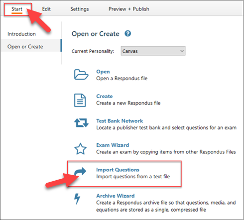 Screenshot showing Respondus interface and import questions option