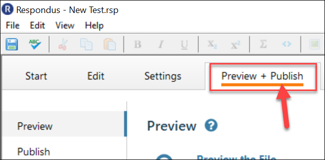 Respondus screenshot showing preview and publish option in editor