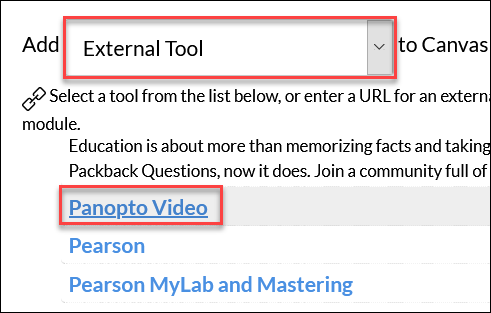 External tool option showing Panopto Video link