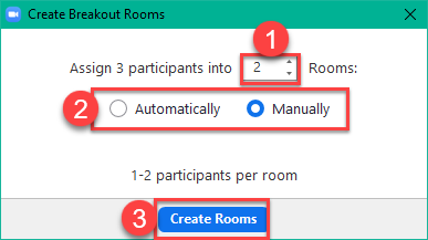 Screenshot of create breakout rooms popout window with sections 1-3 highlighted in red rectangles.