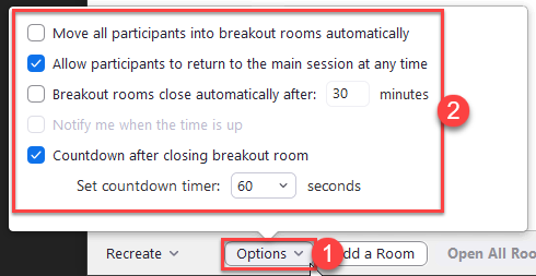 Screenshot of breakout room options with sections 1-2 highlighted in red rectangles