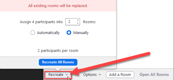 Screenshot of recreate breakout room options with the recreate button highlighted in a red rectangle and a red arrow pointing to it