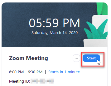 Screenshot showing start button for Zoom meeting