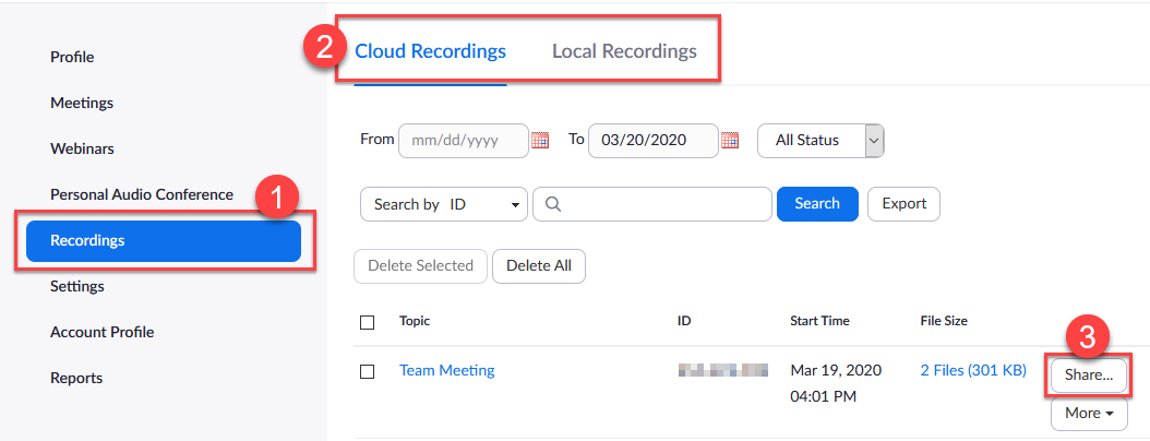 Screenshot of Zoom meeting recording options