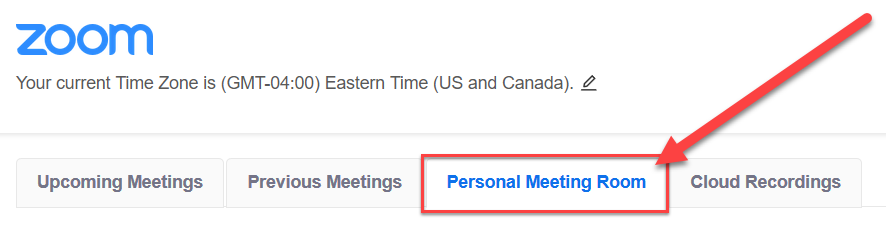 Screenshot of personal meeting rooms tab highlighted in a red rectangle with a red arrow pointing to it