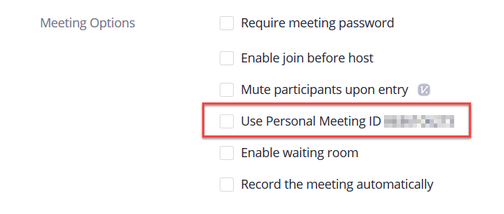 Screenshot of Zoom meeting options with use PMI option highlighted in a red rectangle