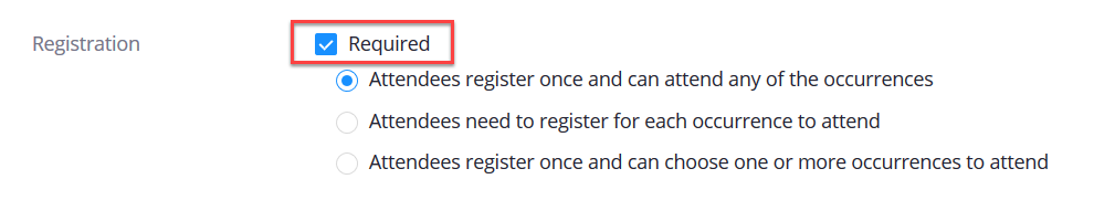 Screenshot of Zoom registration checkbox and additional options with "required" highlighted in a red rectangle