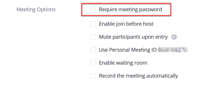 Screenshot of meeting options with require password highlighted in a red rectangle