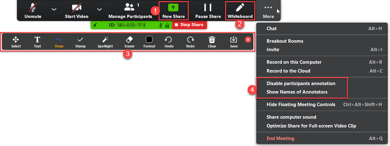Screenshot of UI using whiteboard with sections 1-4 highlighted in red rectangles