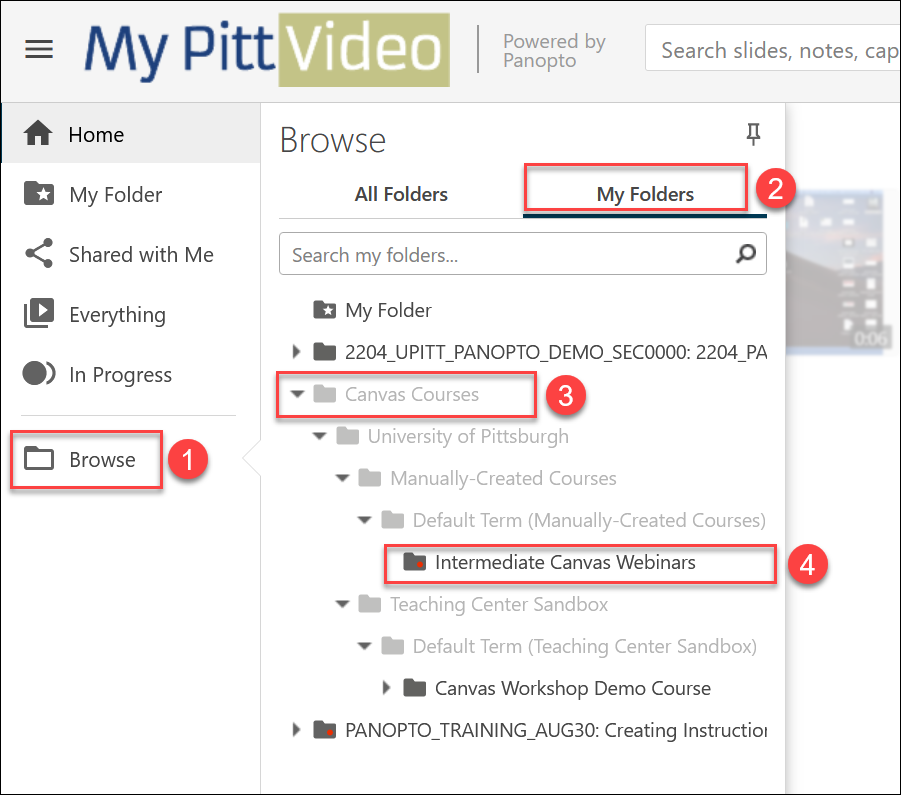 Screenshot of the My Pitt Video home page with My Folders open to browse