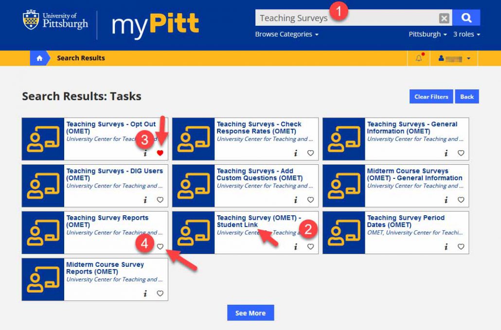 My Pitt Portal showing search results for Teaching Surveys with notes to show how to set something as a favorite. 