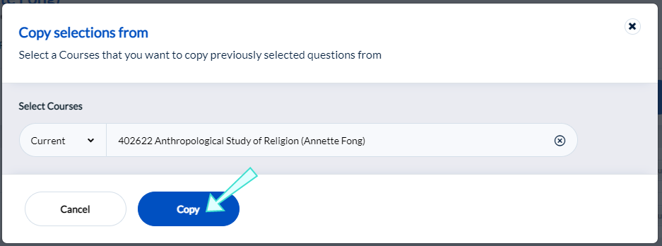 Screenshot showing how to review questions being copied from one course to be added to another. 