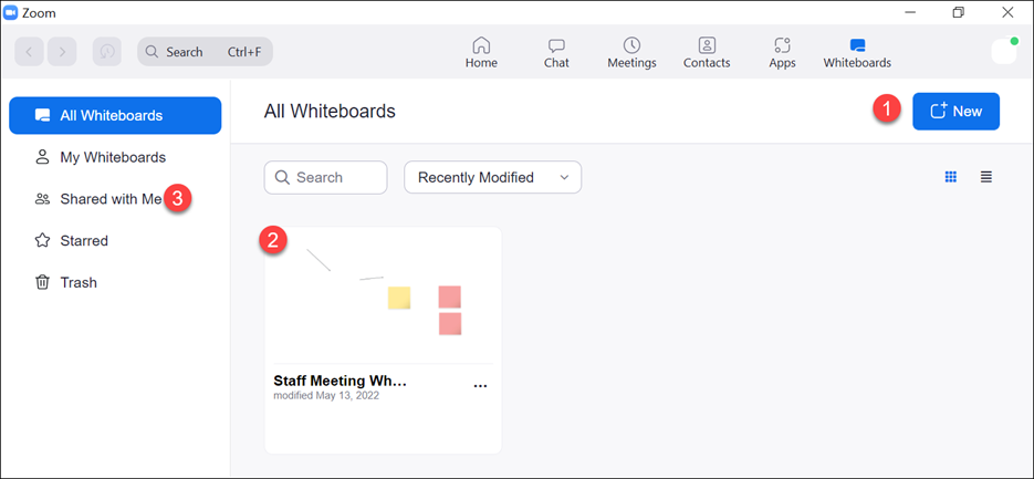 Screen shot showing how to create a new Whiteboard (red circle number 1). Previously-created Whiteboards will be listed below (red circle number 2). If you cannot find a Whiteboard from someone else’s meeting, click Shared With Me (red circle number 3).