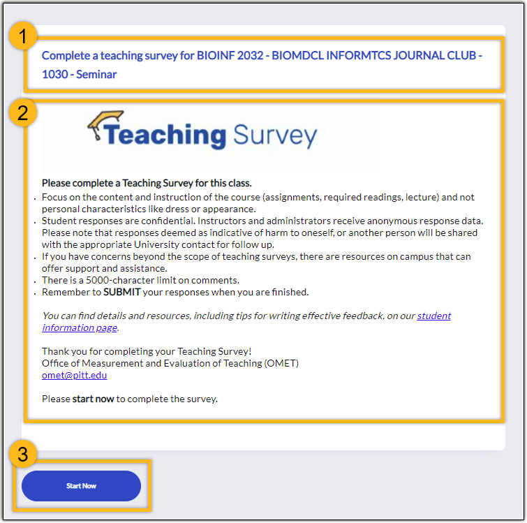 Screenshot of OMET survey after being launched in Canvas - confirming class information and a button to begin the survey.
