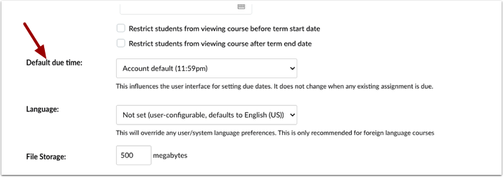 Screenshot illustrating the location of the default due time course setting.