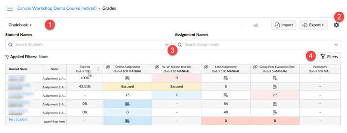 Screenshot showing numbered references for some of the new changes in the gradebook.