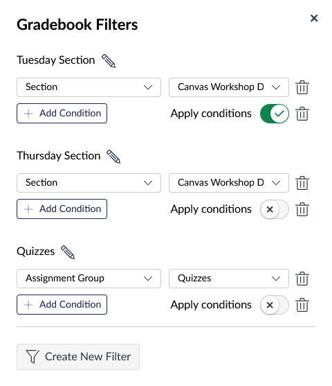 Screenshot of the Canvas Gradebook filters sidecar with some saved filters selected.