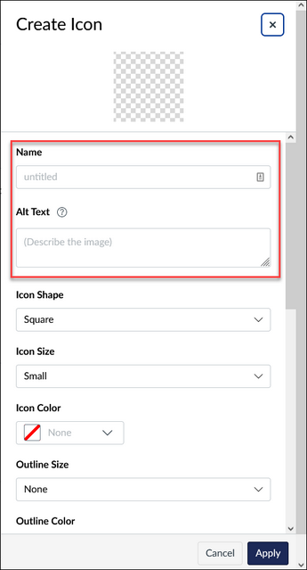 Create Icon fly-out highlighting the Name and Alt Text fields