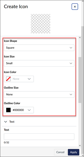 Create Icon fly-out with Icon shape, size, color, and outline fields highlighted