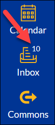 Scrrenshot of Canvas main navigation menu with a red arrow pointing at the inbox icon.