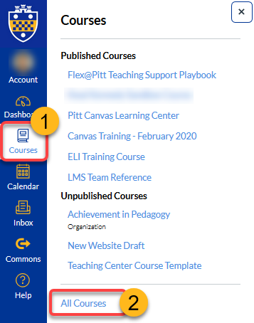 Screenshot of courses tab with sections 1-2 numbered.