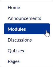 Screenshot of the Canvas course menu with Modules selected
