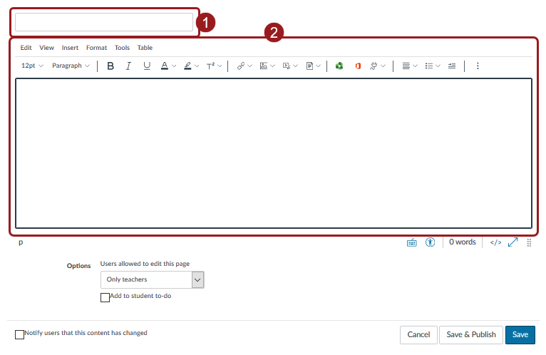 Screenshot of creating a blank new page. the page title text box and page rce are highlighted in red rectangles with labels 1 and 2, respectively.