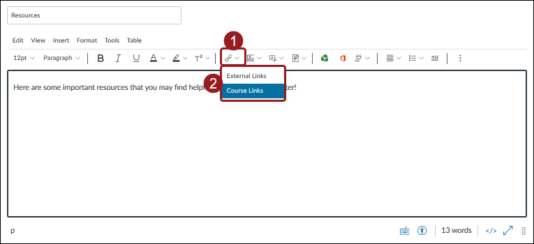 Screenshot of course link button and drop down options with sections 1-2 highlighted in red rectangles. Course Links option is selected and highlighted in blue.