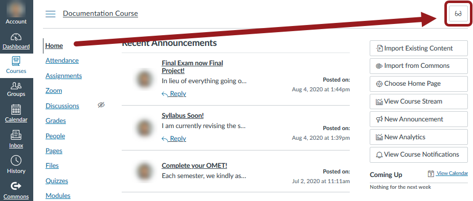 Screenshot highlighting the Student View button on a Canvas course Homepage with a red rectangle and red arrow. The Student View button looks like a pair of glasses in a gray outlined rectangle.