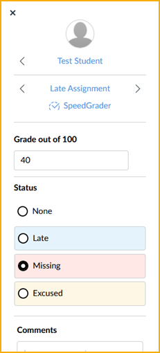 Screenshot of the side panel that appears when clicking on a gradebook cell.