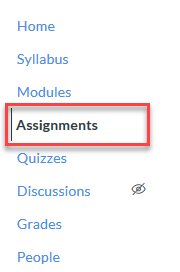 Screenshot of Canvas course menu with "Assignments" highlighted in a red rectangle outline