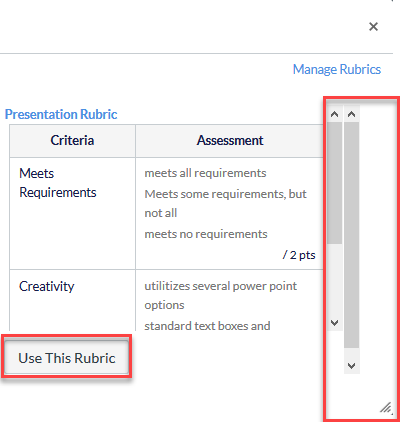 Screenshot of "Find an Existing Rubric" popout window with the right-hand scroll bars and "Use This Rubric" Button highlighted in a red rectangle outline.