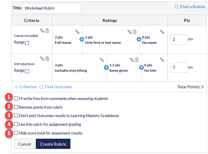 Screenshot of the rubric page with the checkbox options marked from 1 to 6.
