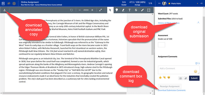 Screenshot highlighting the three download buttons inside Canvas SpeedGrader discussed in the paragraph above.