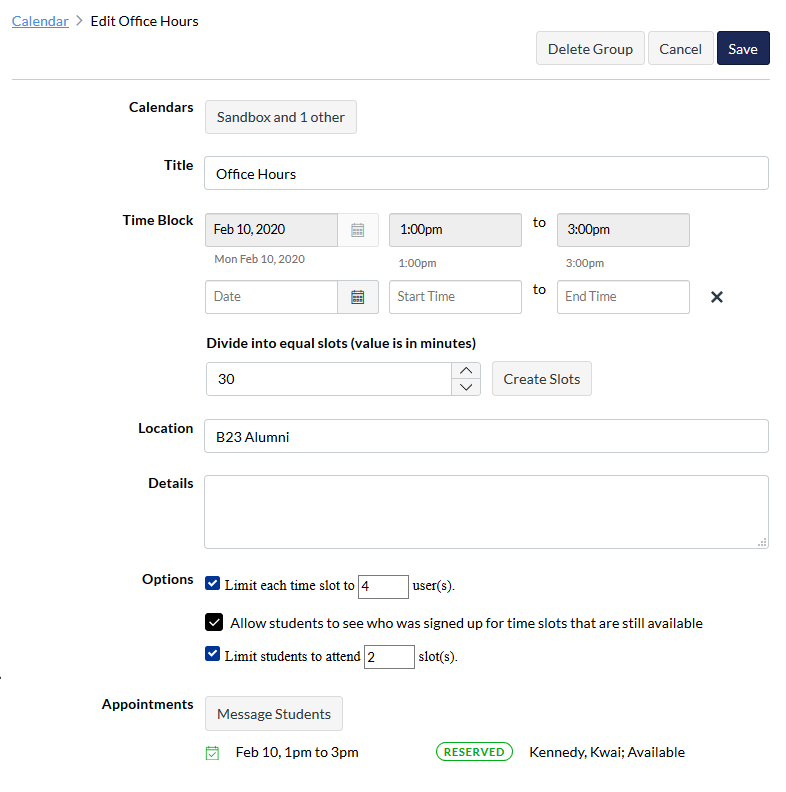 Screenshot of appointment editing options once it has been published