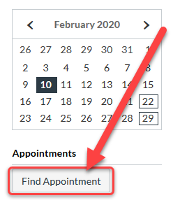 Screenshot of calendar with "find appointment" button highlighted with a red rectangle